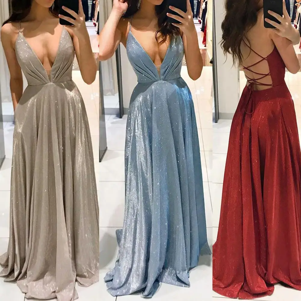 

Sexy Backless Party Dress Sparkly Spaghetti Strap Gown Low Cut Floor-Length Lady Dress for Banquet Party Sexy Vestidos 2021