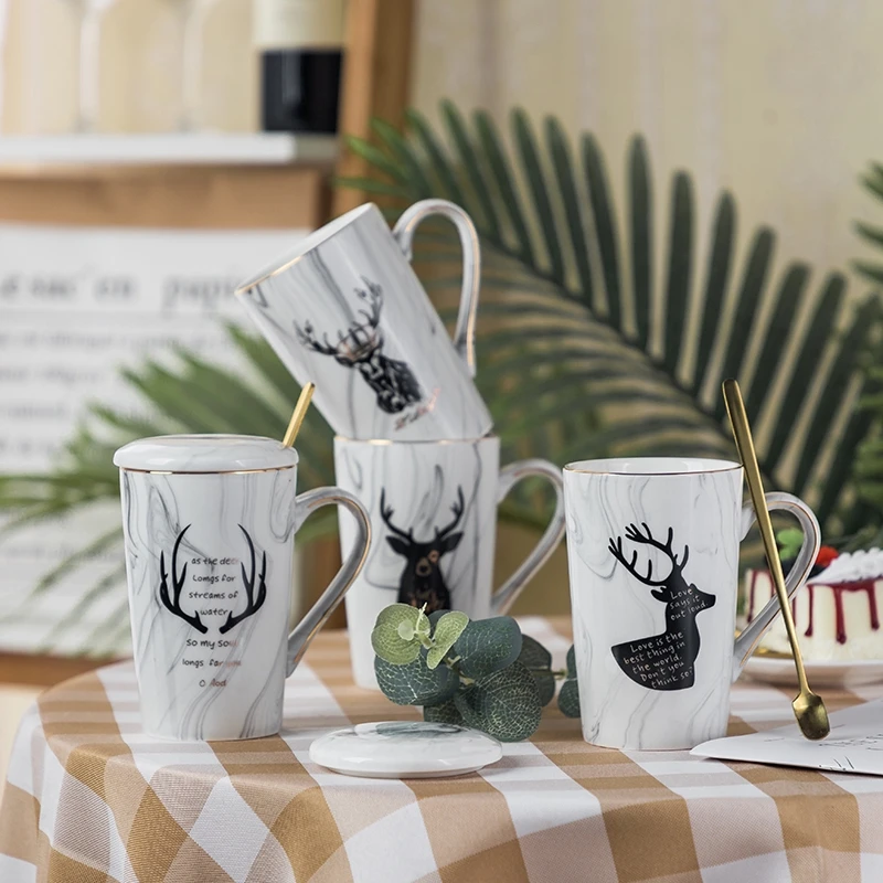 

Nordic Ceramic Mug Marble Pattern Mug Coffee Water Cups Office Mug Large Capacity With Cover Scoop
