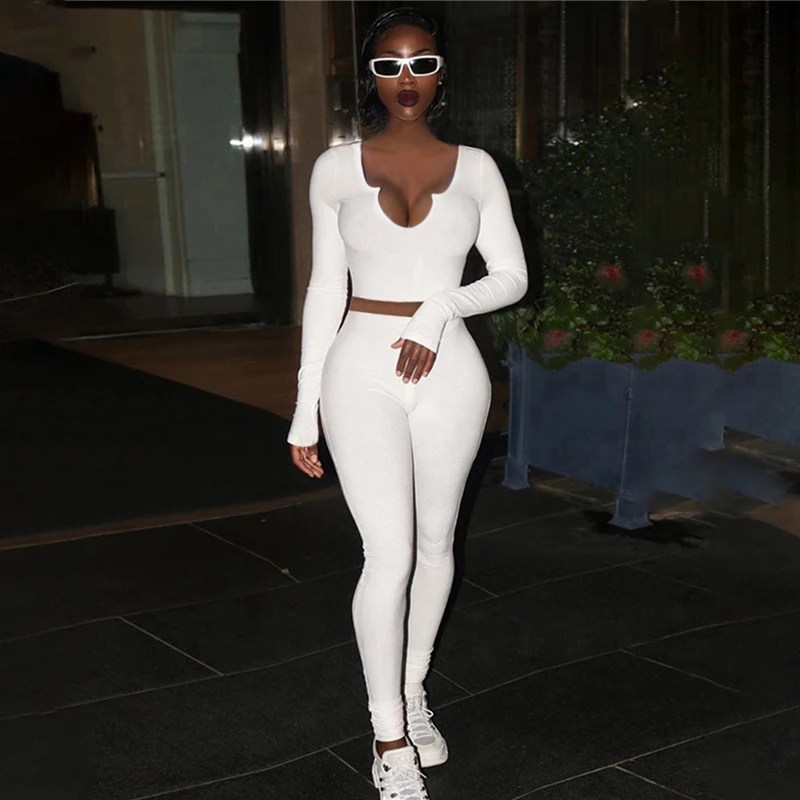 

WJFZQM Bodycon Woman's Sportwear Outfit Solid Low-cut V-neck Crop Tops Leggings Matching 2piece Set Female Activity Fitness Wear