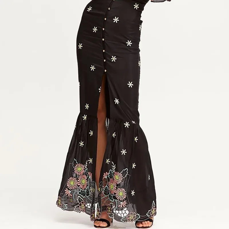

VGH Elegant Floral Printed Dress For Women Slash Neck Short Sleeve High Waist Front Split Slim Maxi Dresses Female Fashion Tide