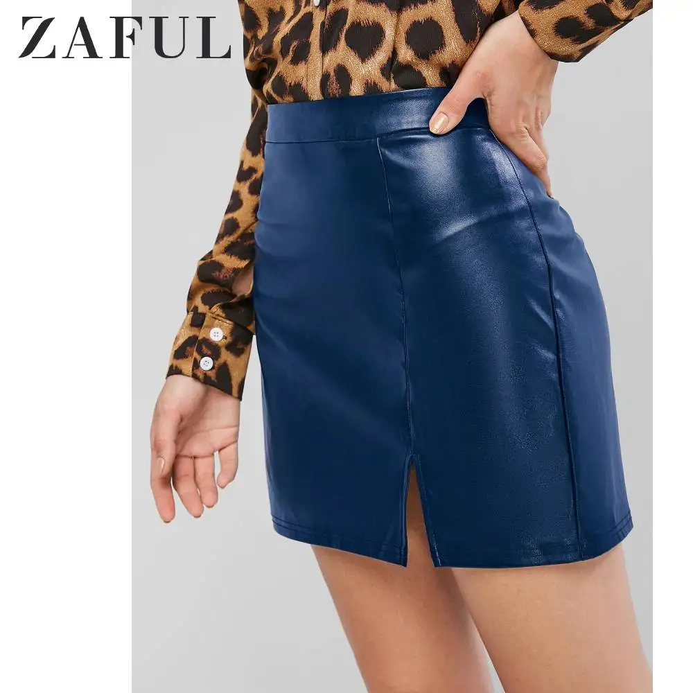 ZAFUL мини-юбка из искусственной кожи с разрезом сбоку, облегающая мини-юбка, женские юбки, сексуальные, повседневные, для улицы, лето, Осень, одежда