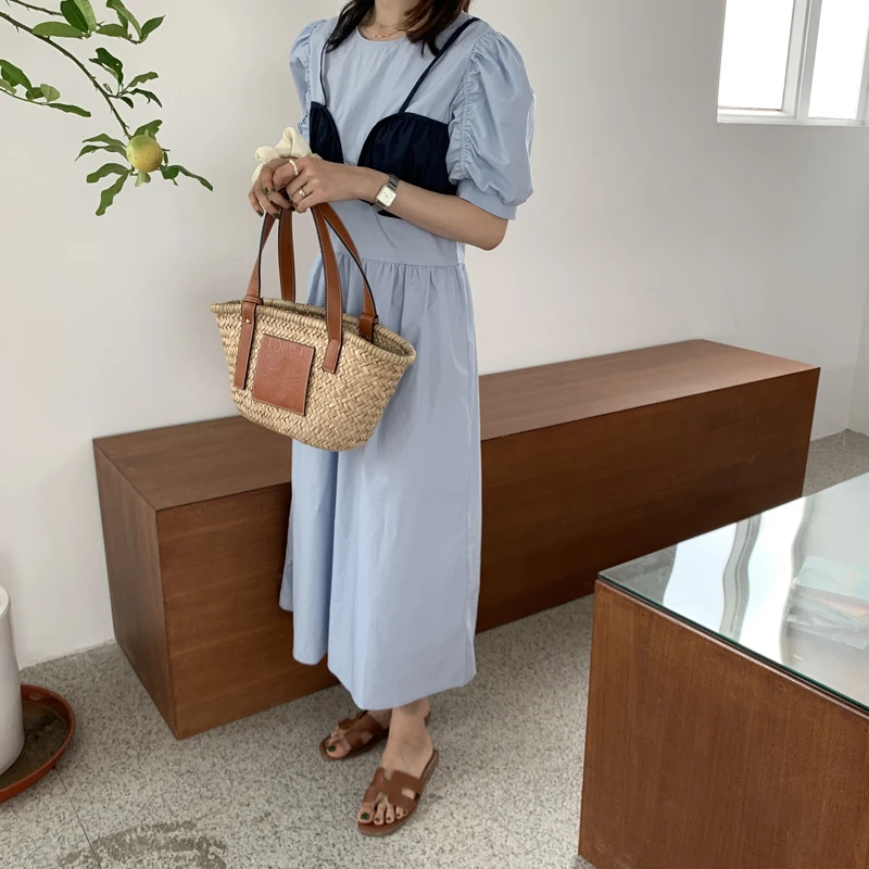 

Korean Fake 2 Pcs Hit Color Patchwork Camis Draped Dress Women High Waist Hip A Line Slim Vestidos Short Sleeve Robe