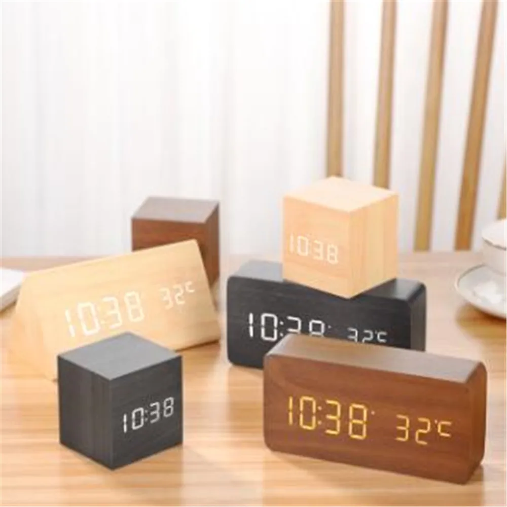 Многоцветный Деревянный Квадратный светодиодный Будильник с управлением звуком