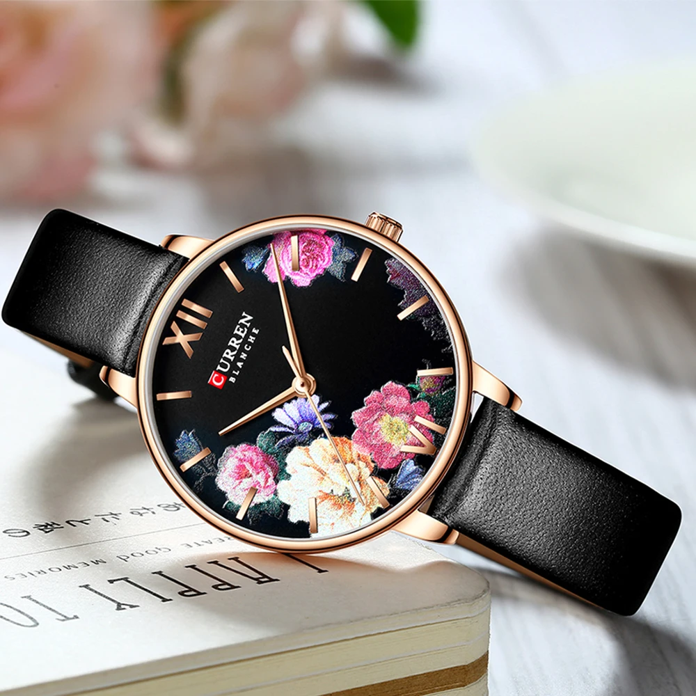 

CURREN Charming Flower Design Watches Women Fashion Casual Leather Wristwatch Ladies Watch Female Clock Women's Quartz Watch