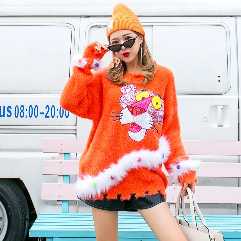 Thai street fashion cartoon chic sequins lazy wind wearing autumn and winter sweater women loose ageing irregular | Женская одежда