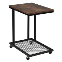 Side Table End Table on Wheels with Grid Storage Shelf Industrial C-shape Coffee Table Laptop Table Nightstand with Metal Frame