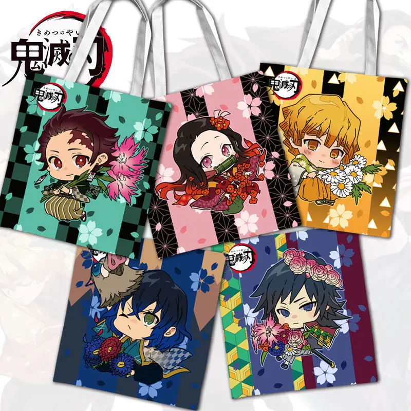 

2021 New Arrival Anime Demon Slayer Kamado Tanjirou Kamado Nezuko Agatsuma Zenitsu Tomioka Giyuu Canvas Reusable Shopping Bag