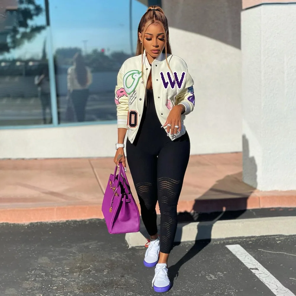 

Chocomist Outwear Fashion Letter Print Women Varsity Jacket