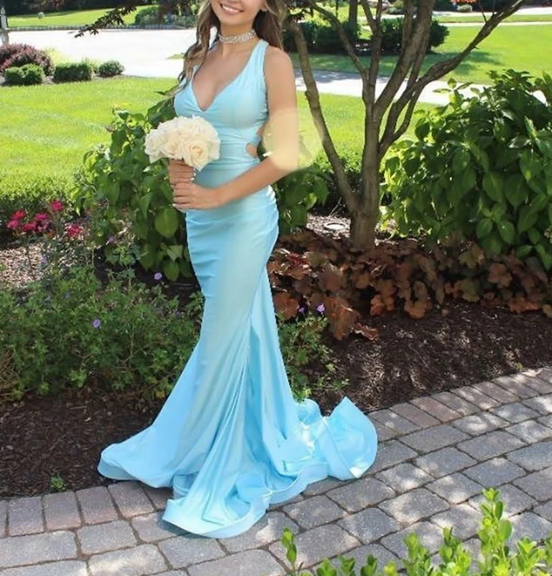 

Женское атласное платье с карманами, винтажное длинное платье-Русалка на тонких бретельках, с V-образным вырезом и перекрестной спинкой, голубое платье для выпускного вечера