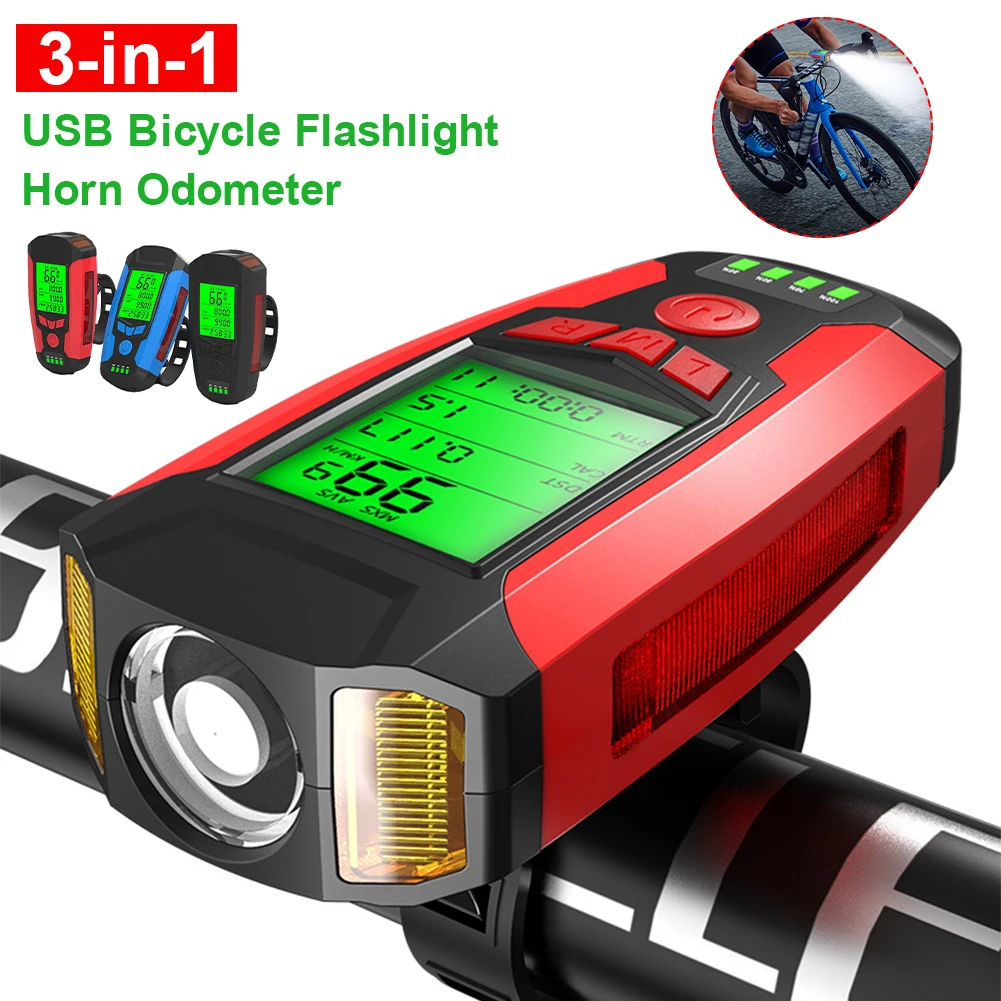 

3-in-1 USB Bicycle Flashlight 5 LED Bicycle Speedometer/Horn &Front Light IPX4 Waterproof Headlight Odometer Bike Accessories