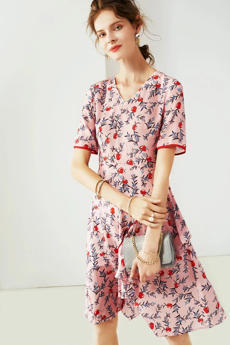 Женское Ассиметричное платье из 100% шелка с v-образным вырезом короткими рукавами