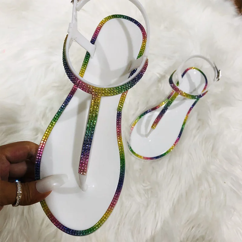

Women's Flat Sandals Flip Toe Summer 2021 Colored Diamond Buckle Strap Women Sandals Casual Fashion Ladies Crystal Shoes