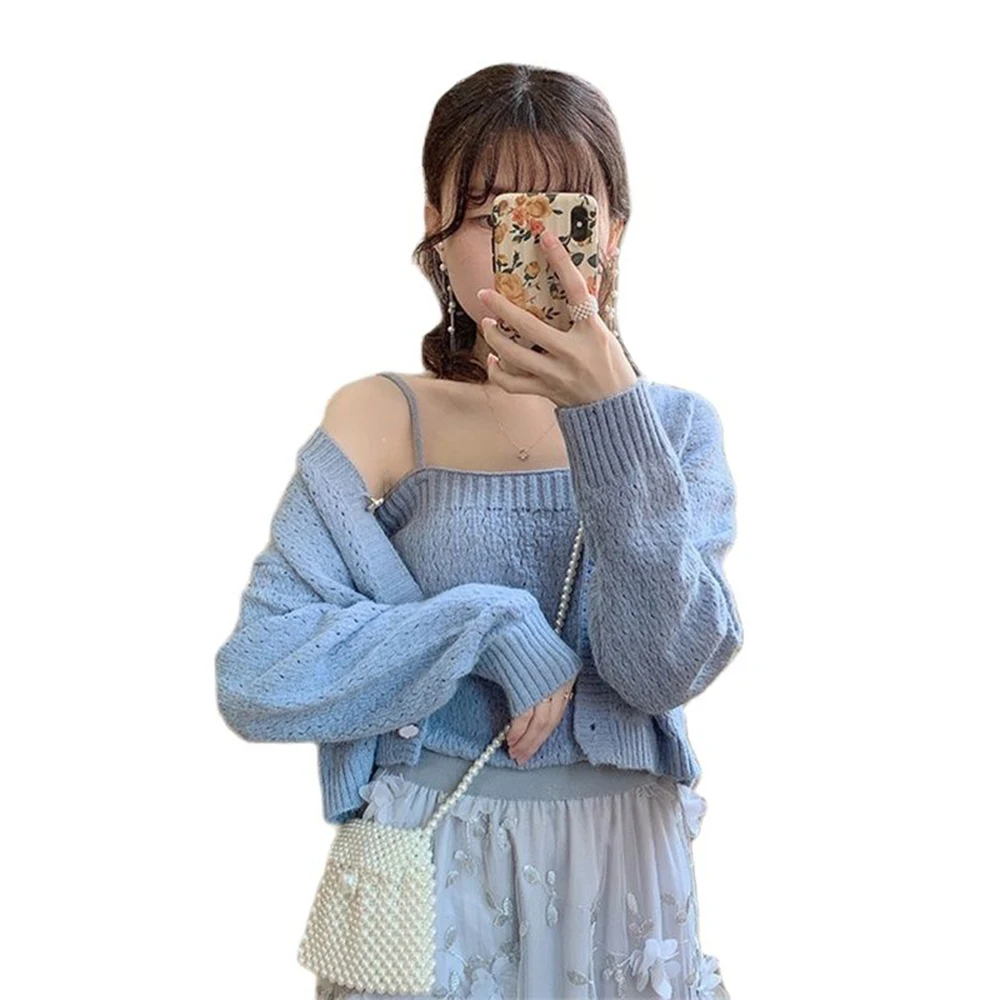 

New Autumn Cardigan Women Single Breasted Long Sleeve Cardigan Sweater Two-piece Set Short Sweater Female Camisole Knitwear Vest