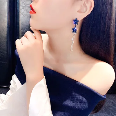 Korean Style Shiny Star Drop Earrings for Women New Bijoux Long Tassel Blue Crystal Dangle Jewelry Accessories |