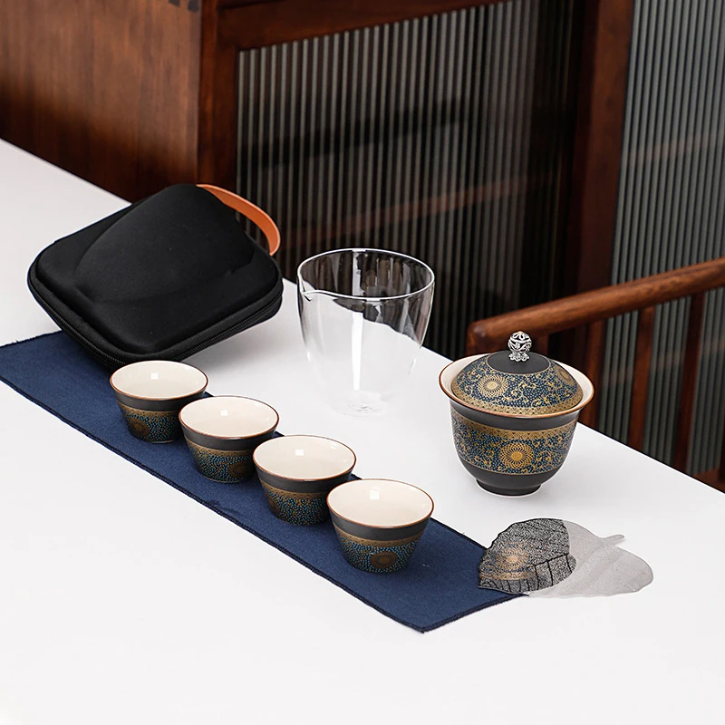 

High Quality Chinese Tea Set Portable Kung Fu Travel Tea set Ceramic Teapot Teaset Gaiwan Tea Cup Tea Pot &Travel Bag Coffee Pot