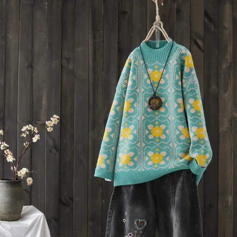 

Retro Jacquard Pullover Sweater Women Half High Neck Long Sleeve Autumn And Winter Loose Knit Top 2020 New Fashion