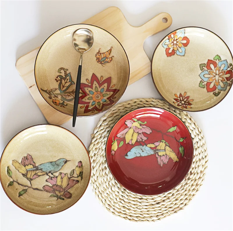 Creative retro hand-painted ceramic cutlery household round flat steak plate art decorative dishes dinner plates tray | Дом и сад