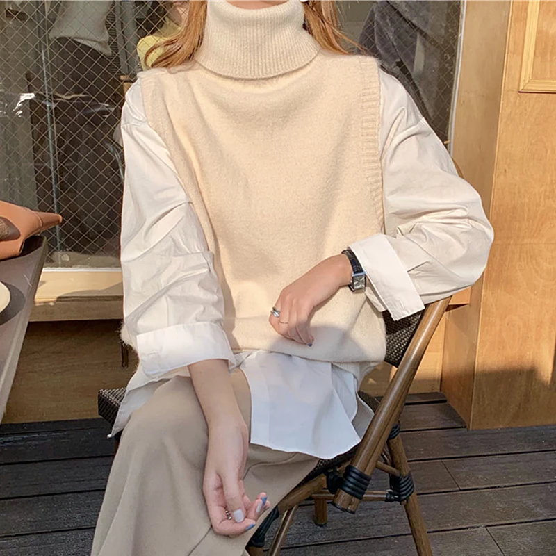 

Fashion Winter Spring Sweater Vest for Women England Style Turtleneck Knitted Vest Sleeveless Tops Jecket Gilet Femme