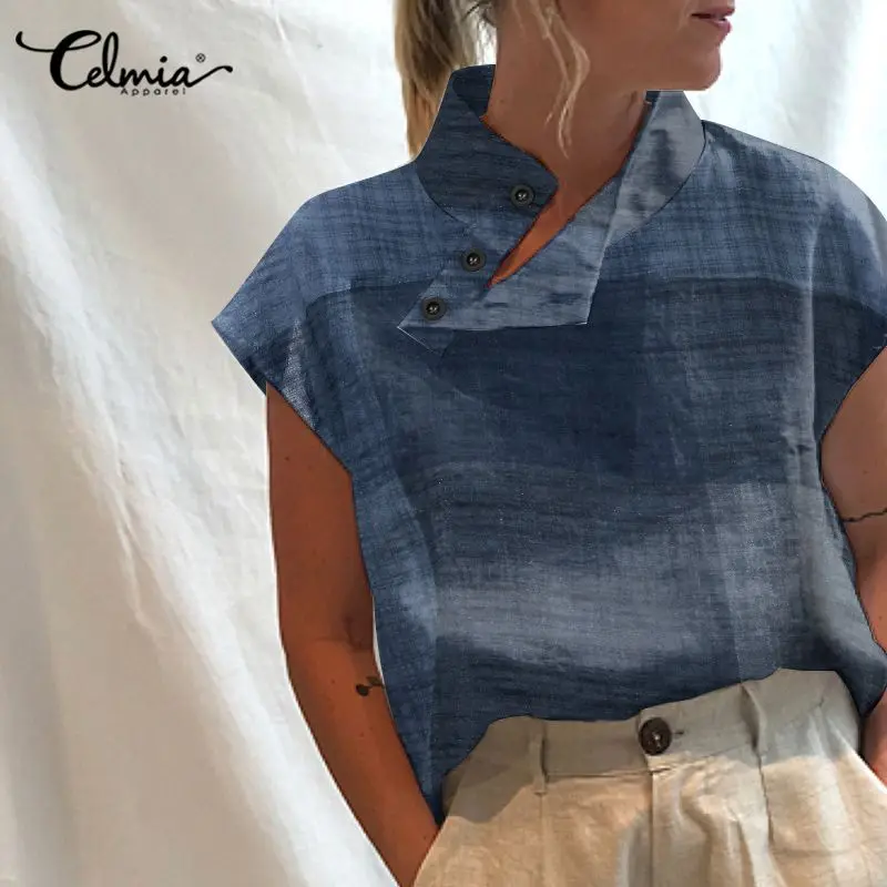 

Женская блузка с коротким рукавом Celmia 2021, рубашки в клетку на пуговицах, модные повседневные свободные топы с высоким воротником, блузы, жен...