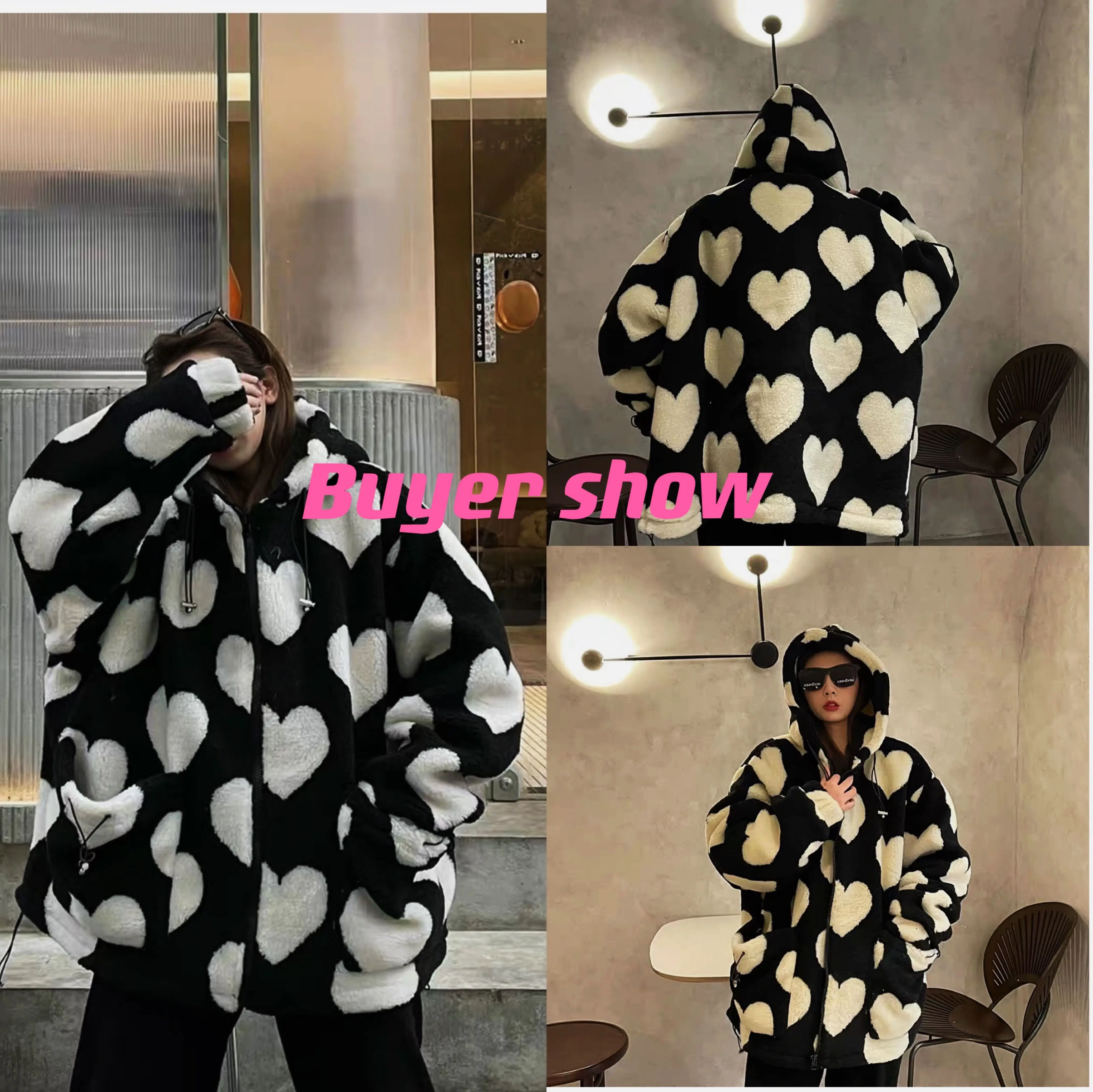 Женская фланелевая парка на молнии с капюшоном и принтом сердечек|Мужские парки|