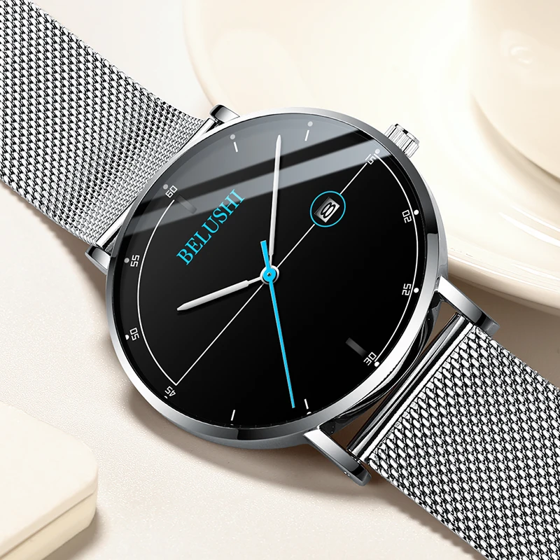 

BELUSHI Mens Watches Fashion Ultra-thin Steel Mesh Quartz Watch Men Calendar Waterproof Analog Wrist Watch Luxury Male Clock
