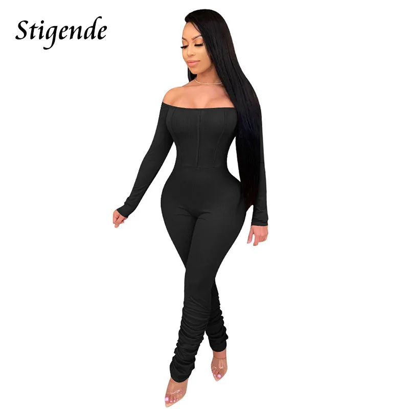 

Stigende Women Sexy Slash Neck Skinny Stacked Jumpsuit Long Sleeve Off Shoulder Ruched Jumpsuit Patchwork Solid Color Trousers