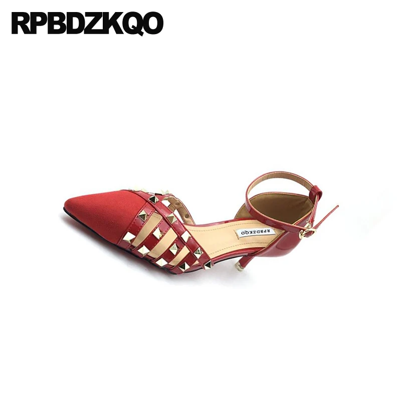 сандалии шпилька красный высокие каблуки лакированная кожа котенок металл