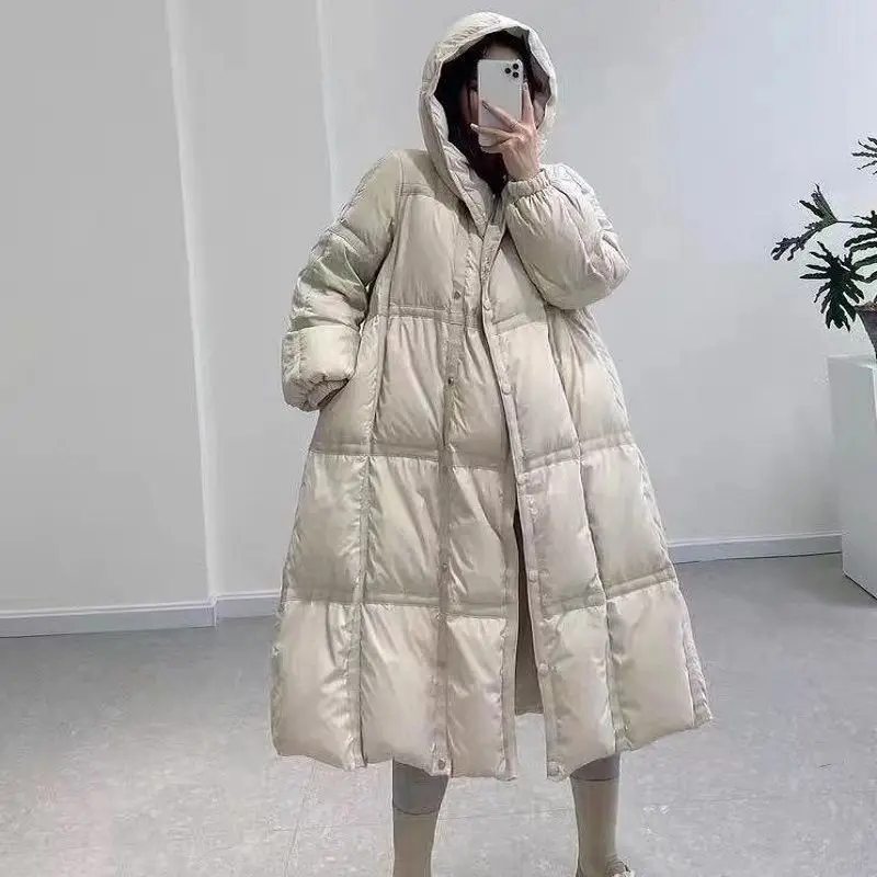 Large size webbing long down jacket for women 2021 winter white duck down thickened loose hooded jacket for cold weather