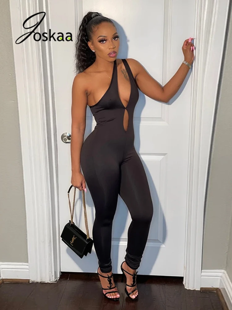 

Joskaa, черный однотонный комбинезон на одно плечо, с вырезами, бандаж, Облегающий комбинезон для женщин, летняя одежда для бега без рукавов, 2021
