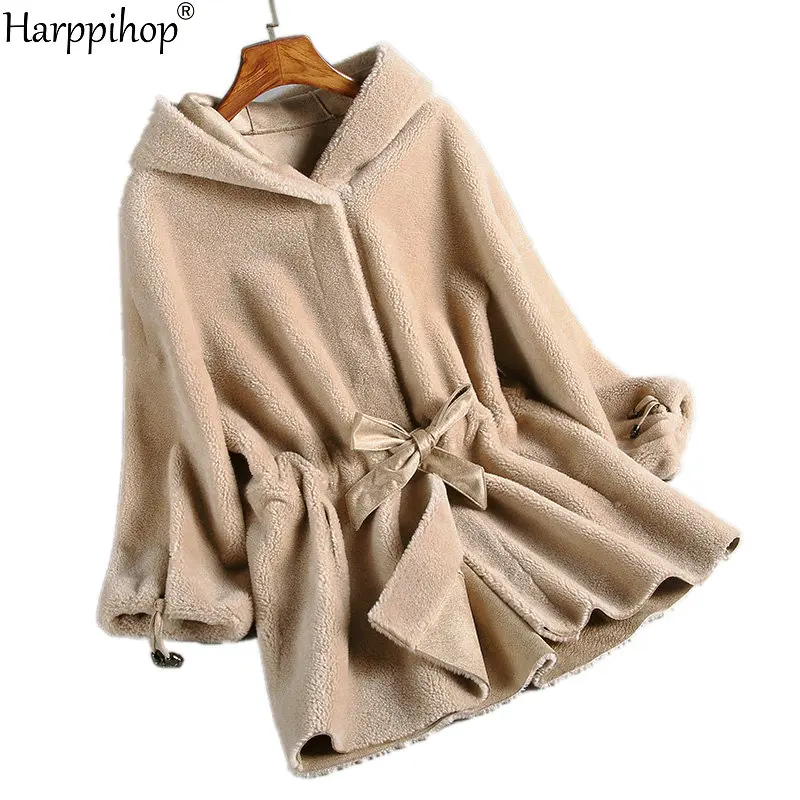Sheep shearing coat female long leather with fur jacket with hooded grain cashmere  fur coat real fur plus size winter