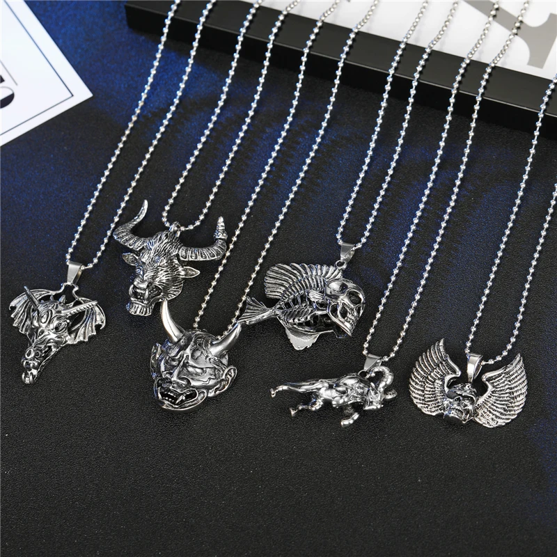 1PC Punk Bull Head Dragon Snake Skull Wing Beads Chains Necklaces Women Men Jewelry Fashion Animal Cross Pendant Necklace N795 | Украшения