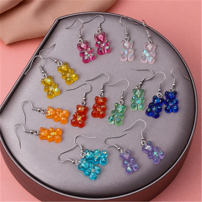 Sequins Resin Gummy Candy Colour Bear Dangle Earrings For Women Girl DIY Cartoon Animal Bear Earrings Creative Drop Jewelry Gift