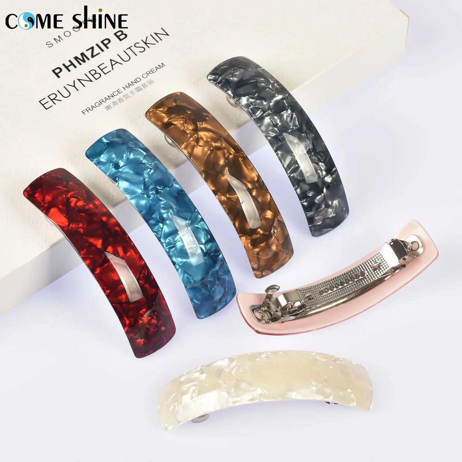 Come Shine 6 Pieces Set Retro Large Hair Barrettes Rectangular French Automatic Acrylic Hair Clips for Women Thick Medium Hair