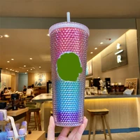 710ml rainbow straw cup with logo with lid coffee cup reusable cups plastic tumbler matte finish coffee mug tazas dropship