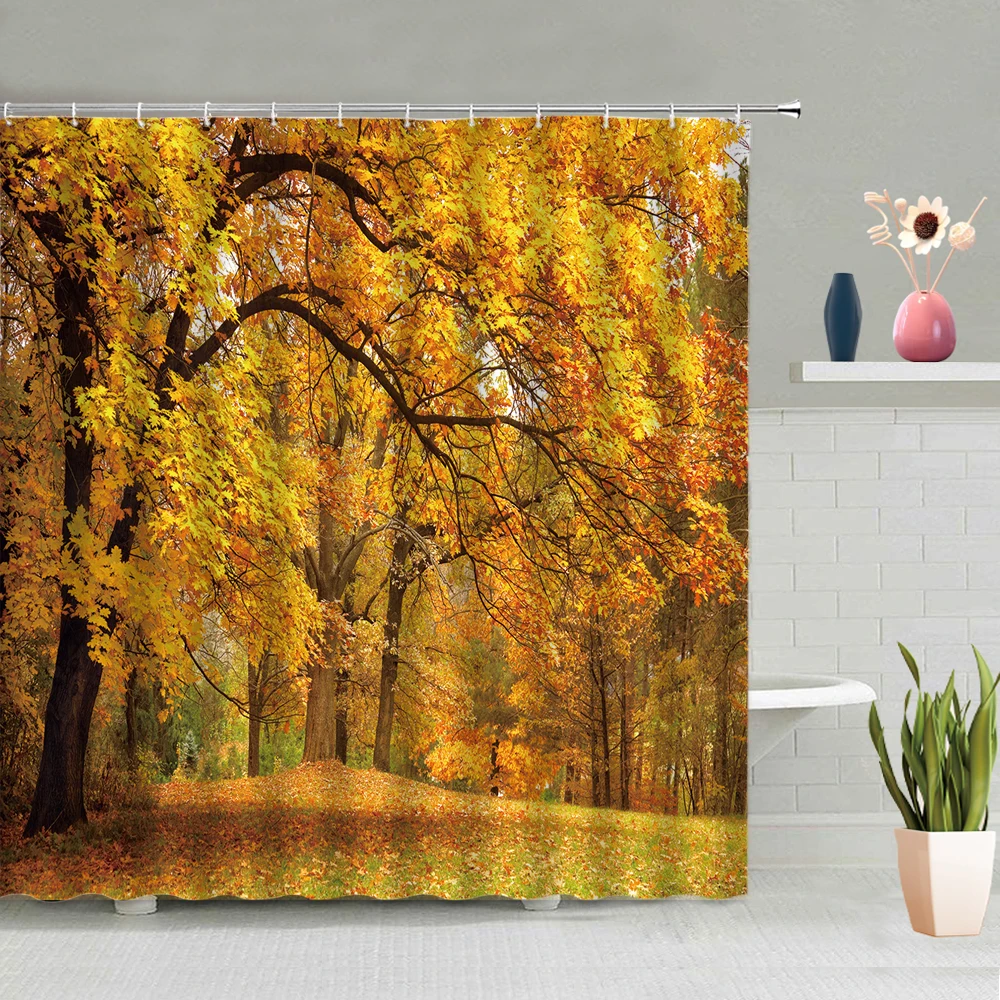 

Осенняя лесная душевая занавеска с желтыми листьями, кленовыми деревьями, Деревенский природный ландшафт, садовая настенная подвесная дек...