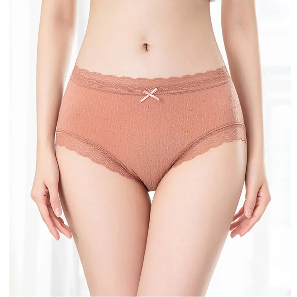 

Sexy Solid Color Lace Gauze Bowknot Trim Briefs Fashion Comfortable Breathable Mid Rise Seamless Panties For Women