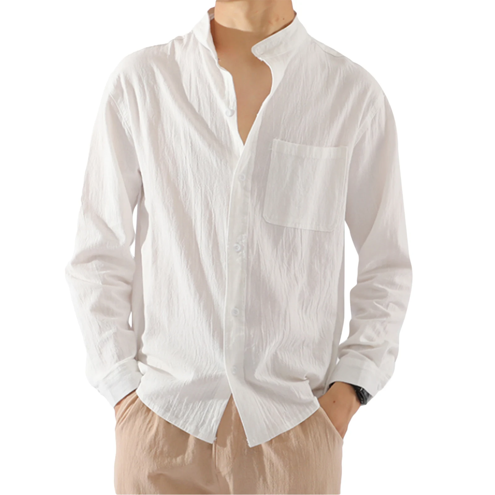 

2021 Summer Soild Colors Men Long-sleeved Shirt Thin Loose Fit with Pocket Decoration Spring and Summer Clothing Three Colors