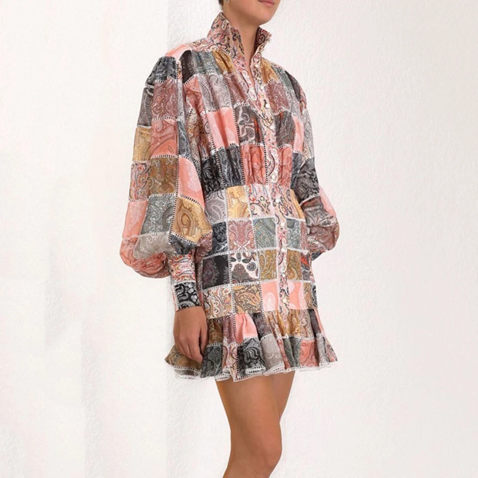 Зимнее плиссированное платье в стиле ретро с воротником стойкой и длинным