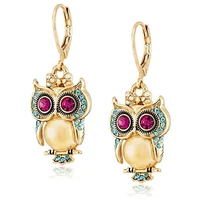 megin d yellow gold color crystal eyes owl bird cute vintage boho stud hook drop earrings for women couple friends gift jewelry