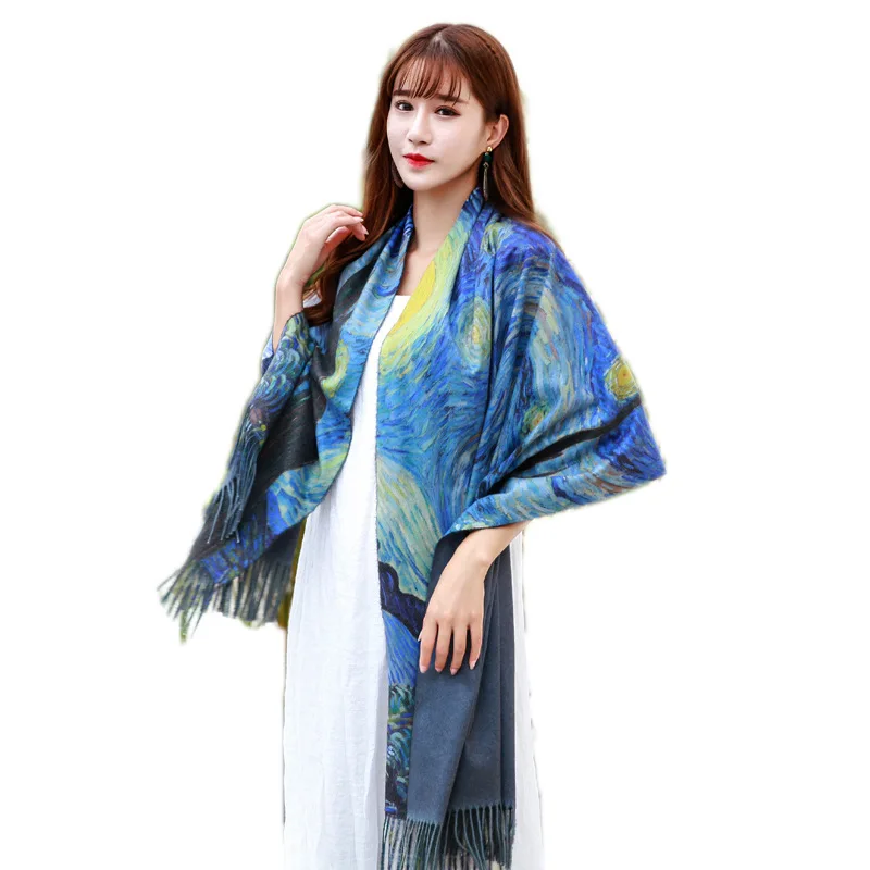 

New Ethnic Style Women's Autumn Winter Tassel Shawl Oil Painting Cloak Fashion Dual-use Warm Female Temperament Retro Scarf