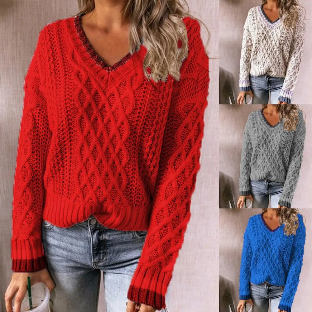 

Women's Sweater V-Neck Long Sleeve Knitted Top Autumn Winter Patchwork Twist Loose Oversize Sweater Pullover Streetwear свитер