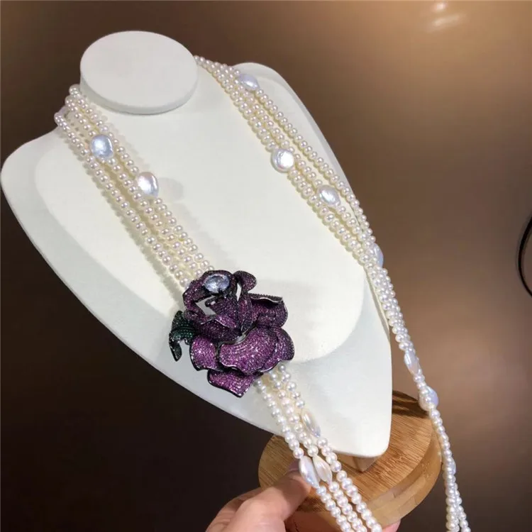 

Ожерелье длинное из натурального жемчуга, вставка из мелкого циркония, 3 пряди 5-6 мм, Пресноводный Жемчуг 11-12 мм, аксессуары для свитера