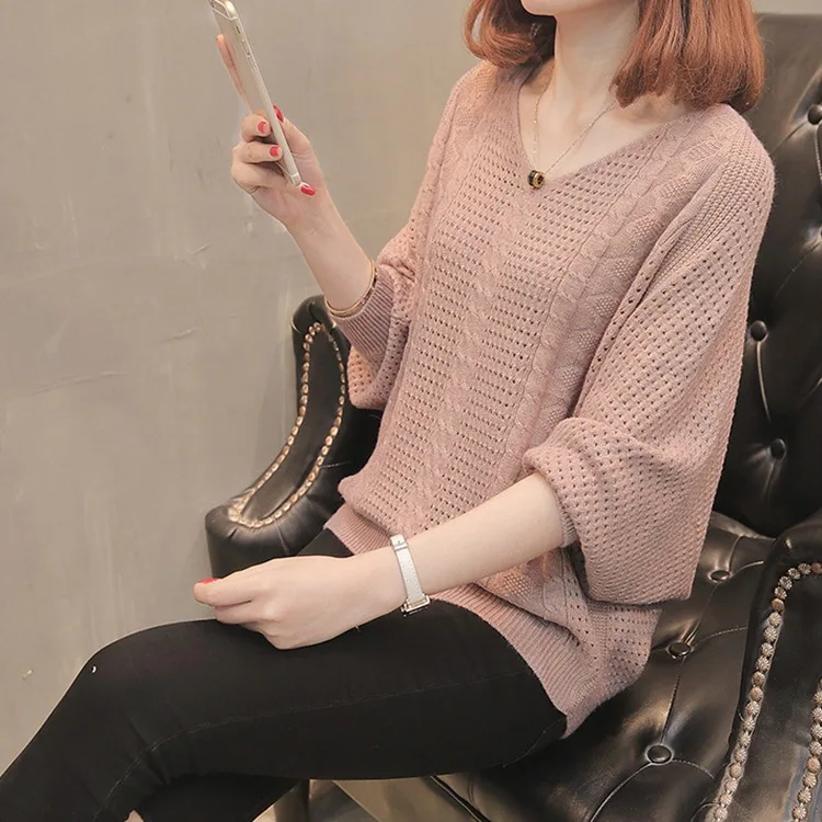 

Shirt Loose-Fit Pullover Top 2019 Autumn New Style Korean-style Porous Lantern Sleeve Sweater Female Coat