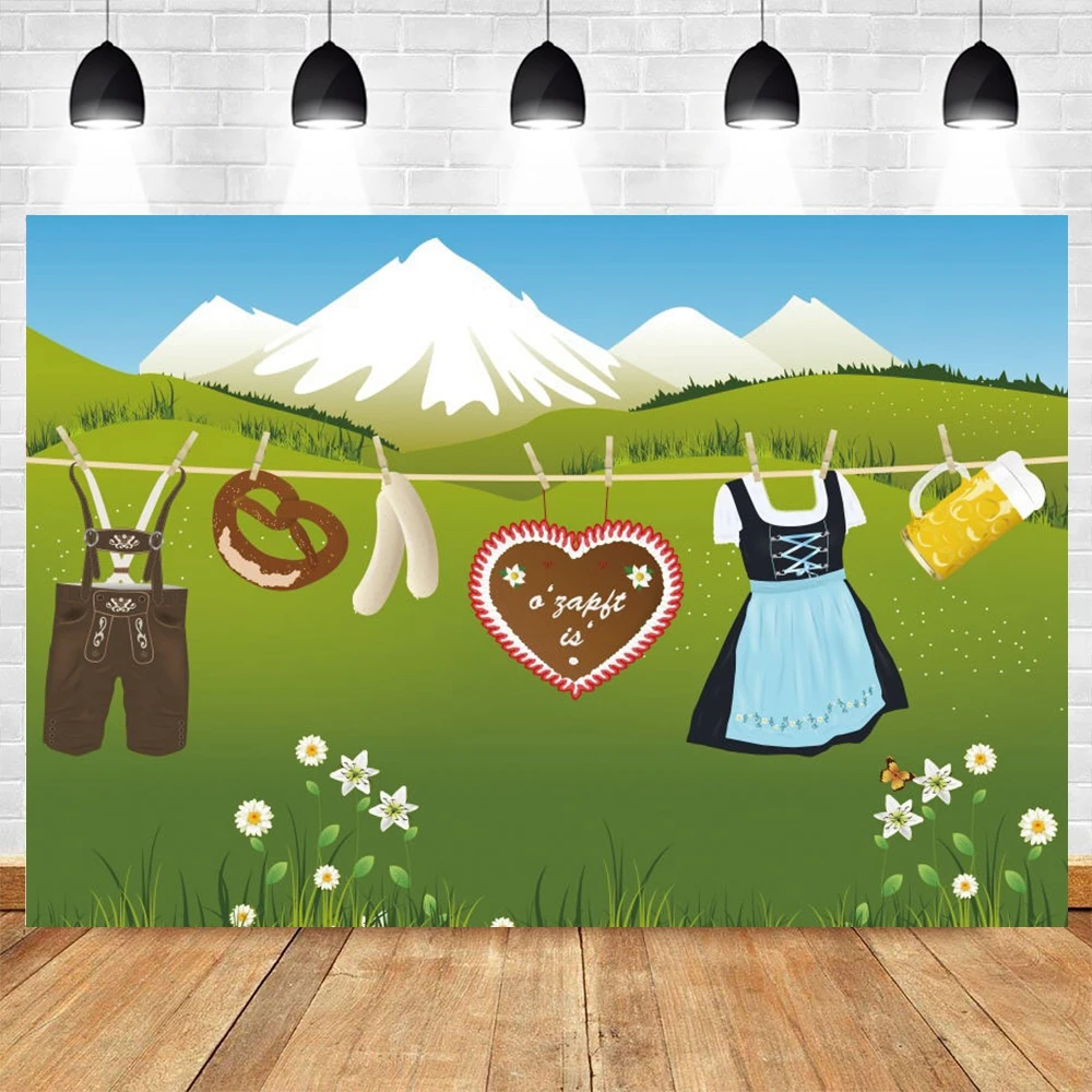 

Germany Oktoberfest Photography Backdrop Cartoon Beer Mountain Mountain Grassland Photographic Background Vinyl Photozone Banner