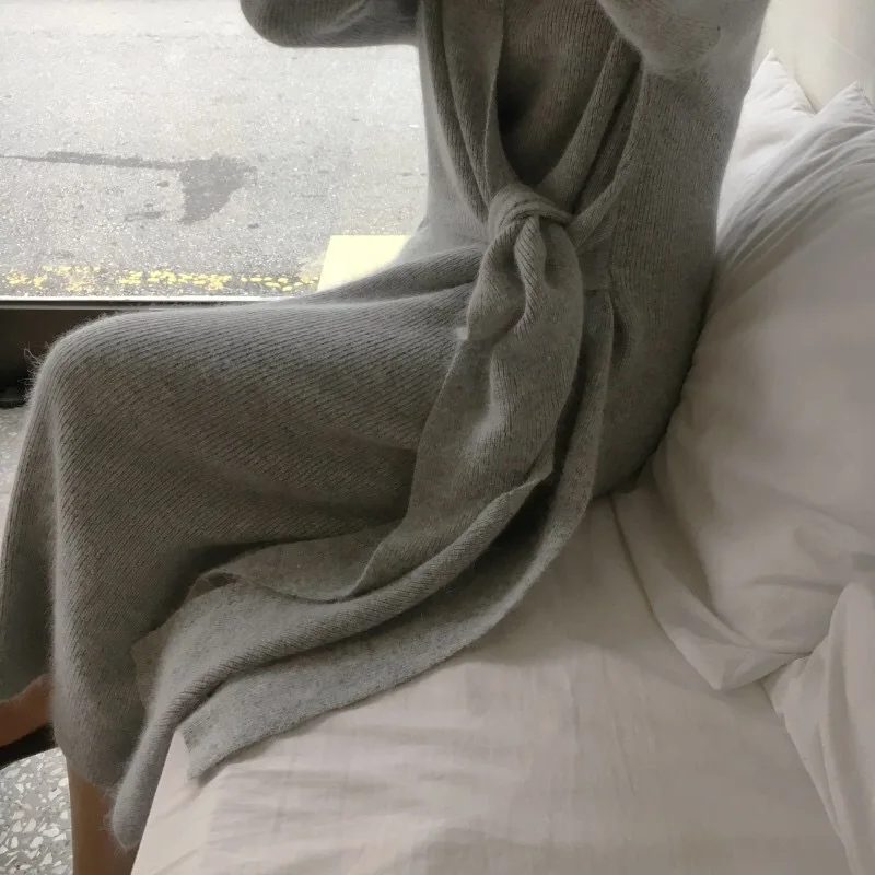 Новинка корейское кашемировое платье-свитер с поясом женское модное вязаное