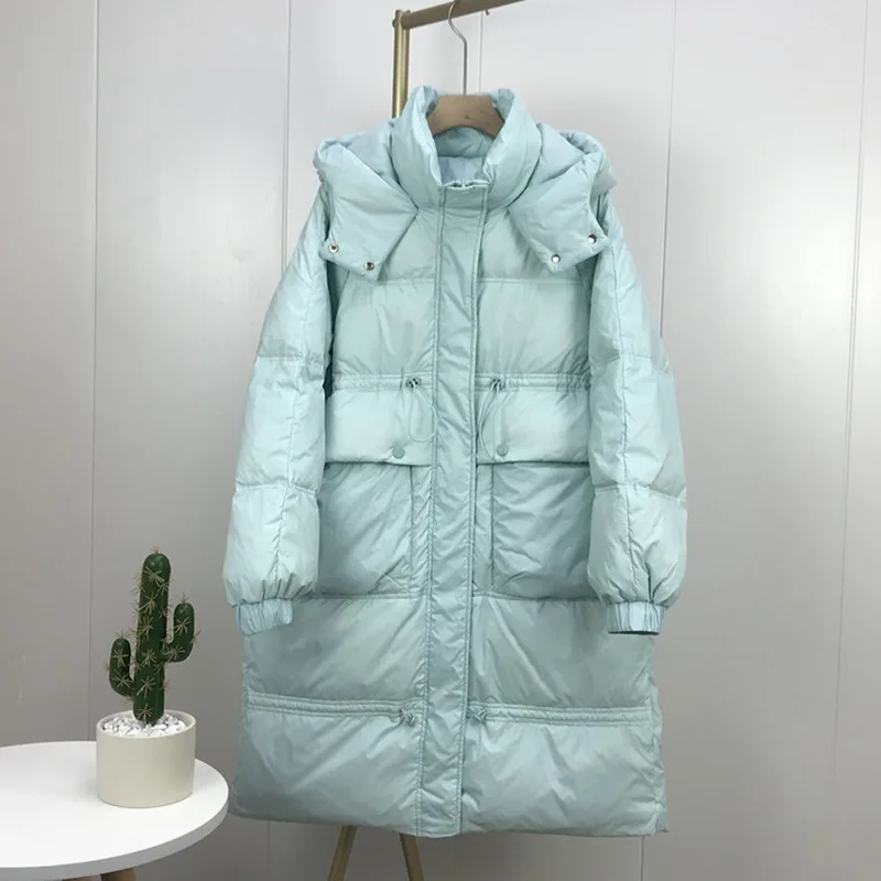 2021 Winter New Casual White Down Jacket Women's Mediumn Long Oversized Thicken Waist Hooded Candy Color Warm Coat For Fashion