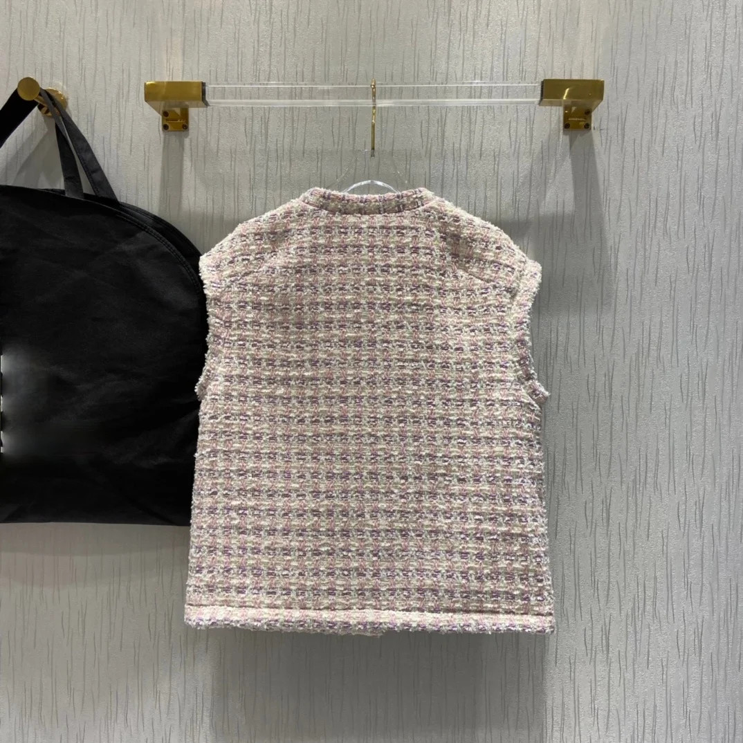 

High-end Tweed Jacket Vest Women Autumn 2021 Contrast Pockets Single Breasted Vest Luxury Brand Street V-neck Sleeveless Coat