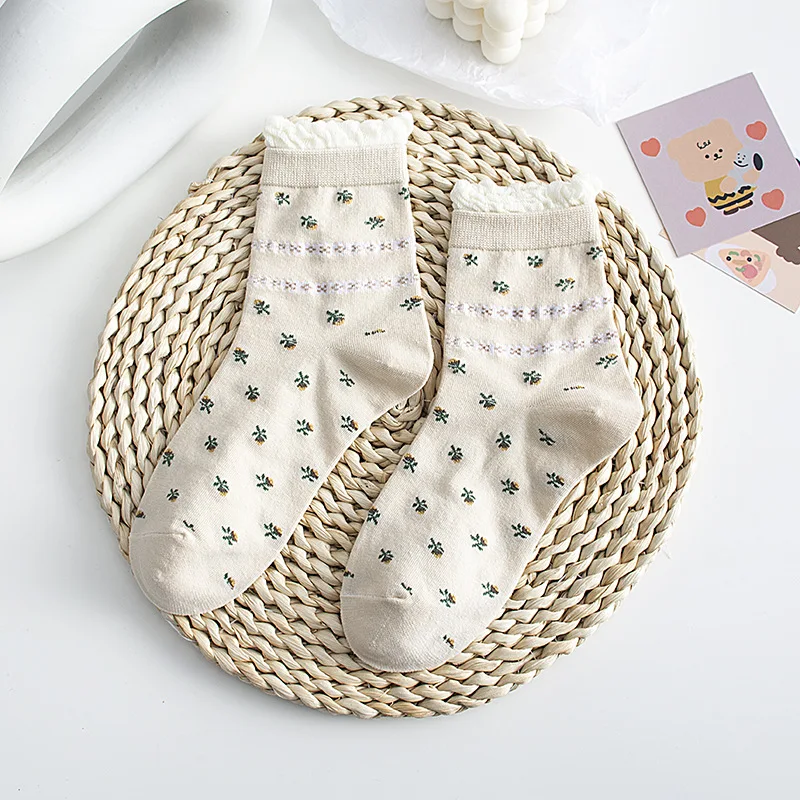 5 Pairs Socks Ruffles Autumn Squirrel Cotton Design High Quality Kawaii Lolita Seersucker Edge Style Girl Women's Socks Cute Set