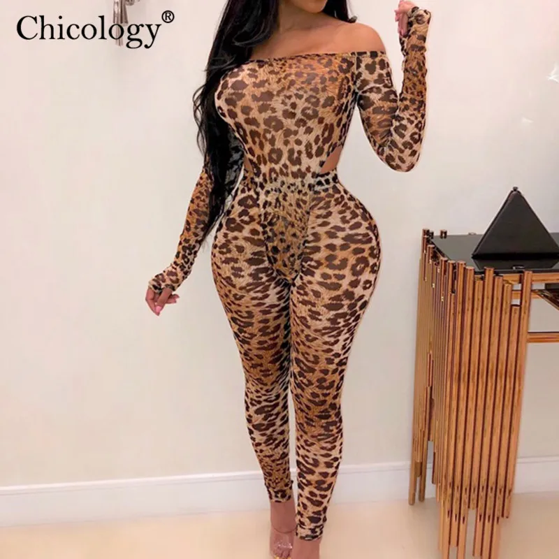 Chicology leopard off shoulder 2 two piece matching set women long sleeve bodysuit high waist pants 2019 autumn winter clothes | Женская