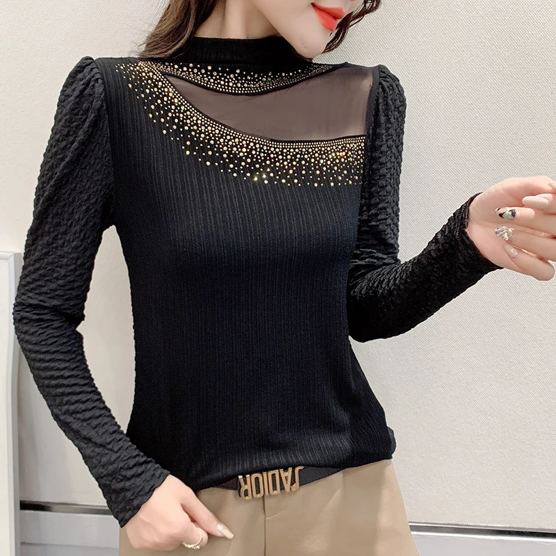 

Женская Сетчатая футболка с длинным рукавом, с ложным воротником